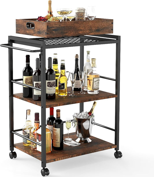 Kitchen Serving Cart with Wheels, Rolling Bar Cart for Home, Large 3 Tier with Detachable Server for Coffee, Tea, or Beverage Service, Rustic Farmhouse Design, Rustic Brown and Black