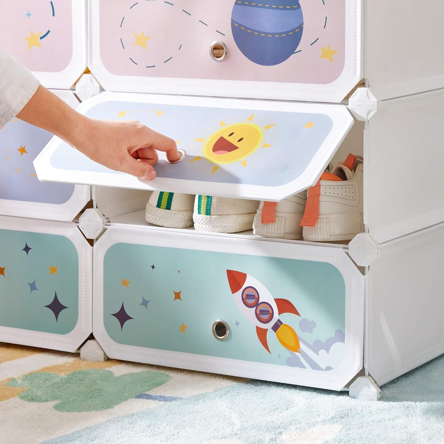 Kids' Shoe Rack with Doors, 6-Slot Stackable Storage Organizer, Plastic Wardrobe, Toys, Books, Clothes, 12.2 X 16.9 X 41.3 Inches, Cloud White ULPC904W01