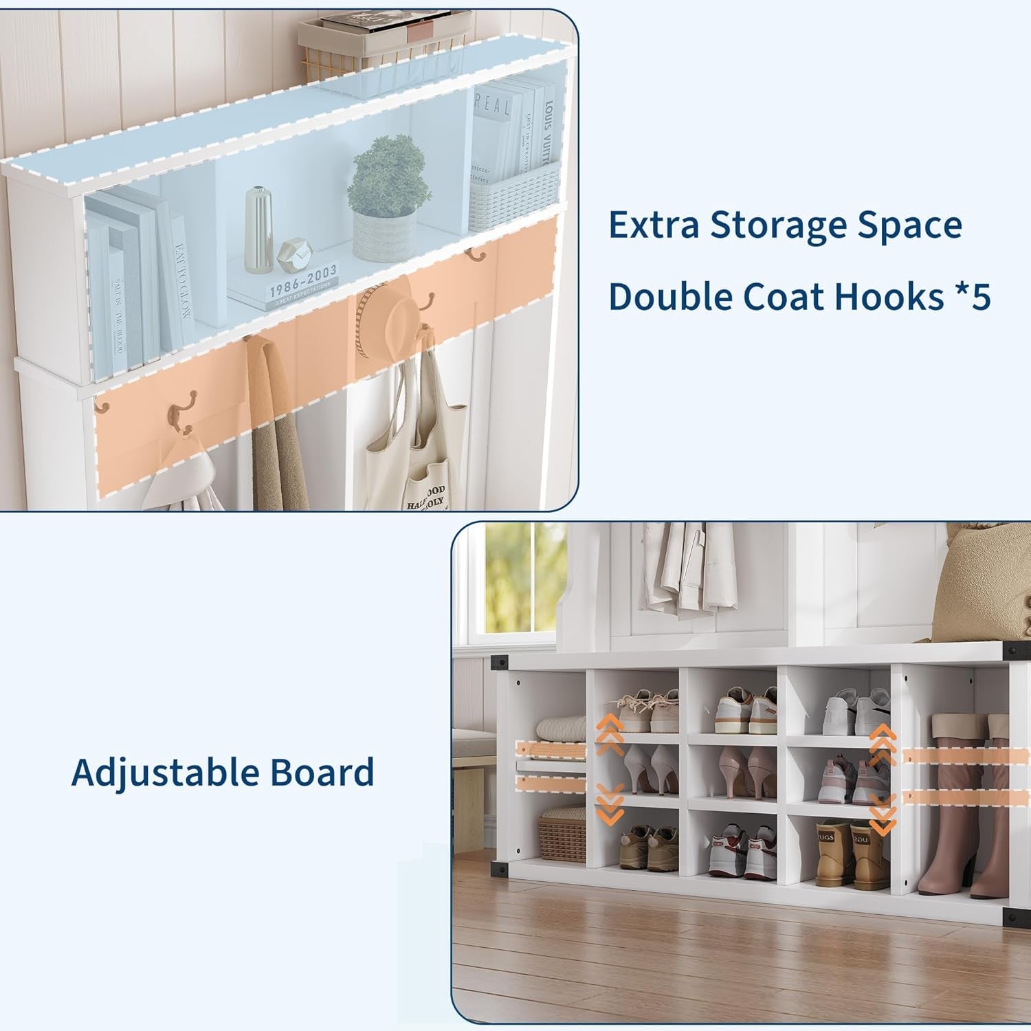 Hall Tree with Bench and Shoe Storage, 4-In-1 Tall Wood Farmhouse Entryway Bench Coat Rack, Adjustable Shelf, Open Mudroom with Metal Corner Protect, 5 Tri-Hooks for Hallway, Bedroom, White