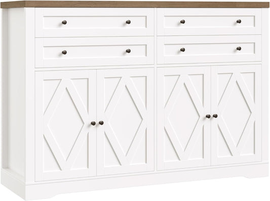 55" Coffee Bar with 4 Large Drawers, 40" Tall Buffet Cabinet with Storage, Kitchen Storage Cabinet, Modern Farmhouse Sideboard Buffet, Adjustable Shelves for Living Room, White