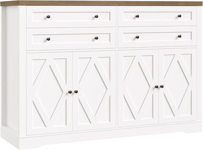 55" Coffee Bar with 4 Large Drawers, 40" Tall Buffet Cabinet with Storage, Kitchen Storage Cabinet, Modern Farmhouse Sideboard Buffet, Adjustable Shelves for Living Room, White
