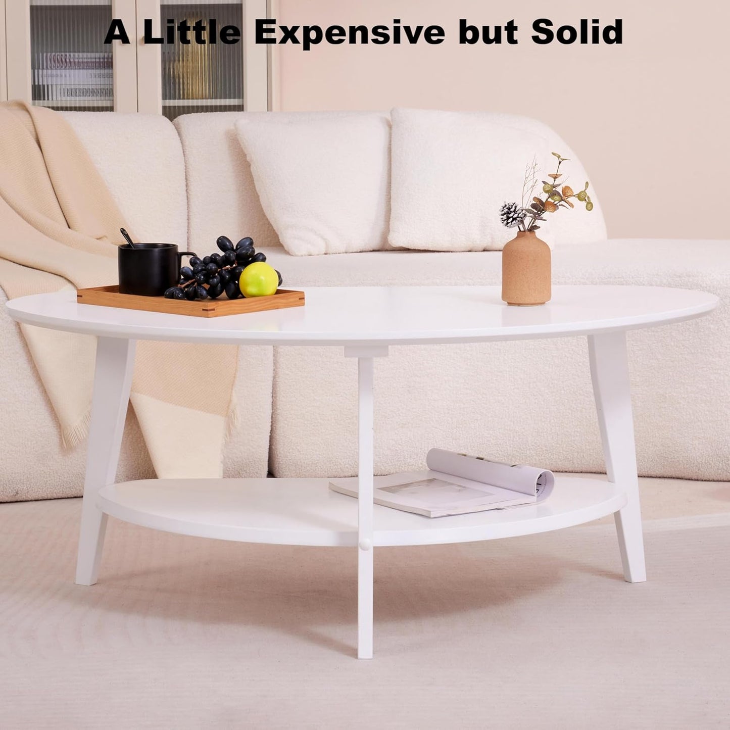 Mid-Century Modern Coffee Table for Living Room, 100% Solid Wood Oval Coffee Table, 2 Tier Wooden Coffee Tables for Home Office Livingroom, 40.2 X 22 Inches Easy Assemble (White)