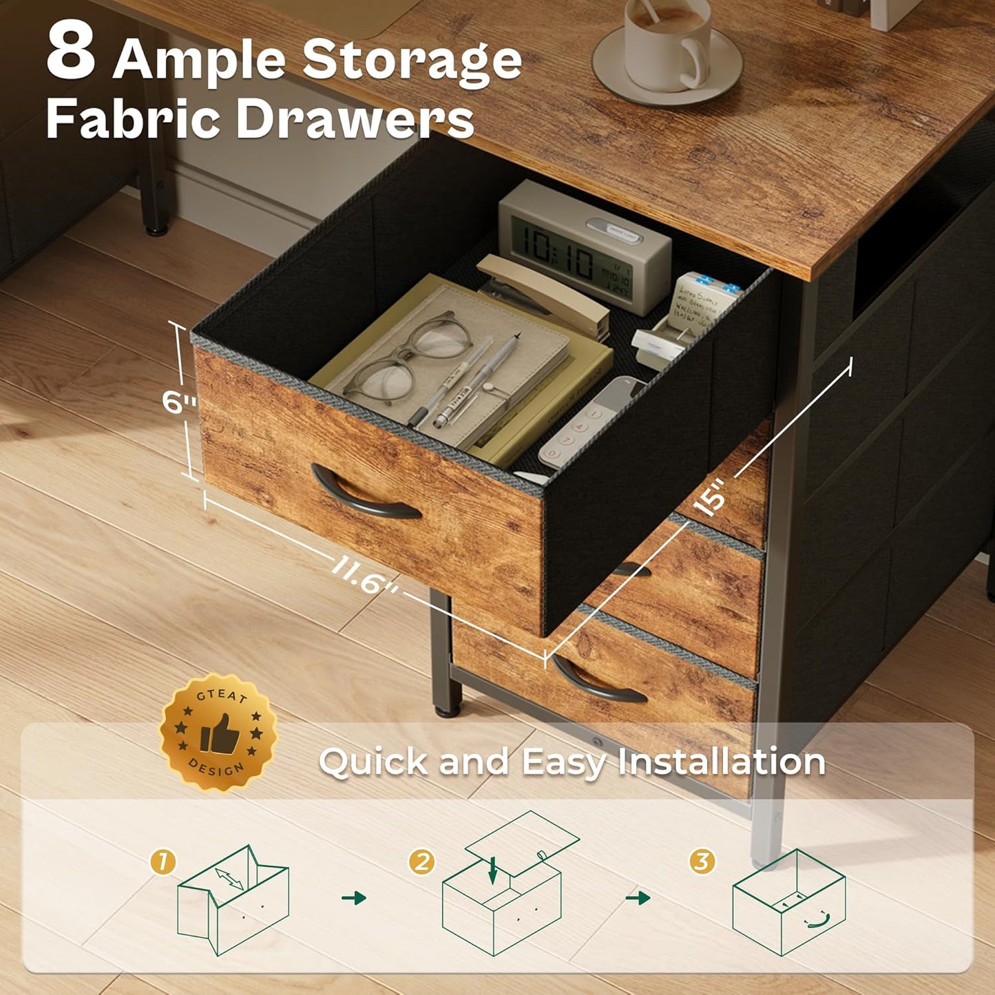 55 Inch Computer Desk with 8 Fabric Drawers, Office Desk Work Desk for Home Office, Study, Gaming Desk with Drawers, Large Storage, Rustic Brown