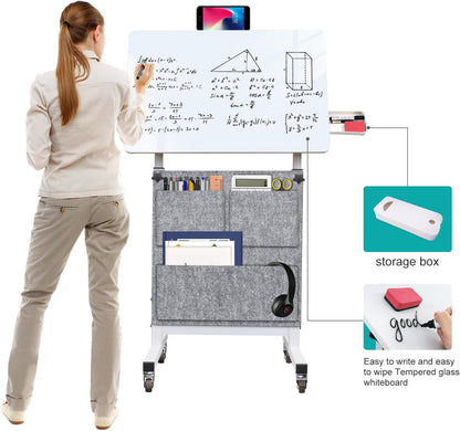 Adjustable Height Standing Desk, Writable Tempered Glass Desktop with Eraser, 360° Flip, Wheels and Bag– Ideal for Small Spaces and Home Offices, 24 In, White(Adjustable Height: 32-47 In)