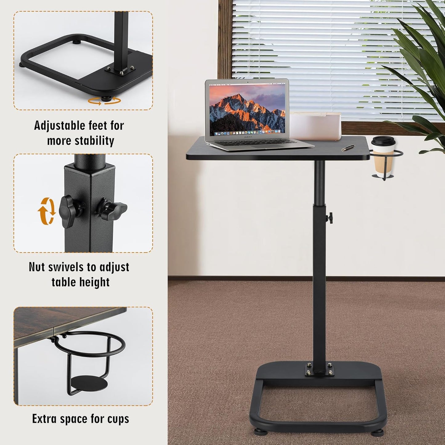 Adjustable TV Tray Table with Rounded Metal Corners, C-Shaped Snack Table for Couch, Sofa, Bed or Chair, Small Space Side Table for Eating, Dinner, or Laptop Use