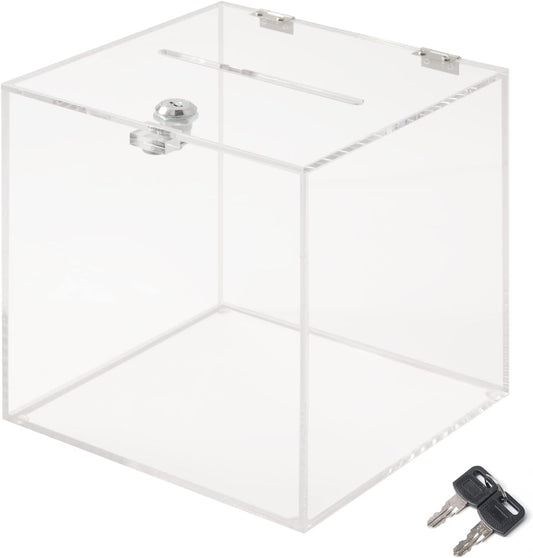 Acrylic Donation Box 10X10X10 Inches, Ballot Suggestion Box Money Storage Container for Voting, Charity, Ballot, Contest, Suggestions