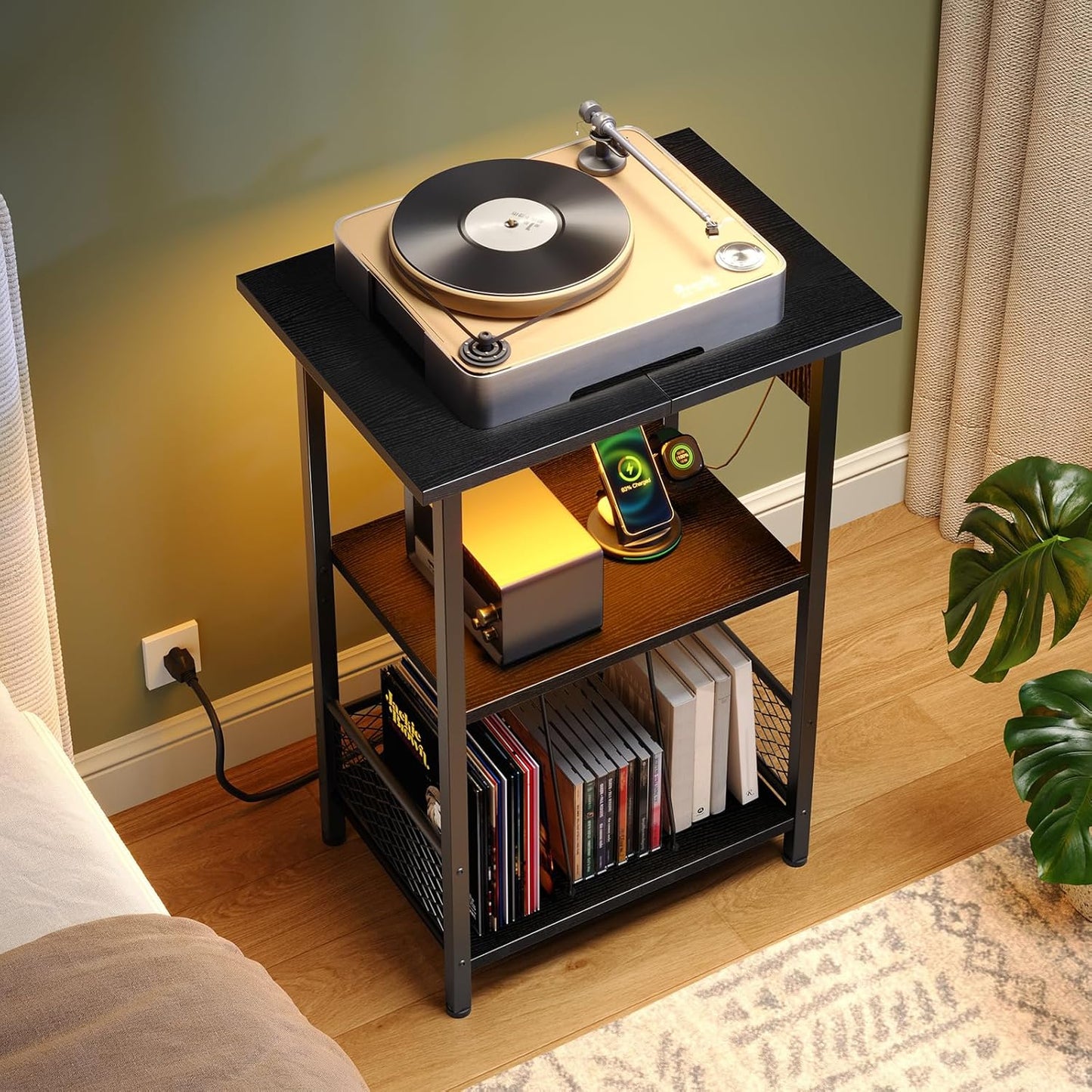 Record Player Stand with Charging Station and LED, Turntable Stand with Storage, 3 Tier End Table Hold up to 100 Albums, Record Table for Vinyl, Living Room, Black BB06UDRS01