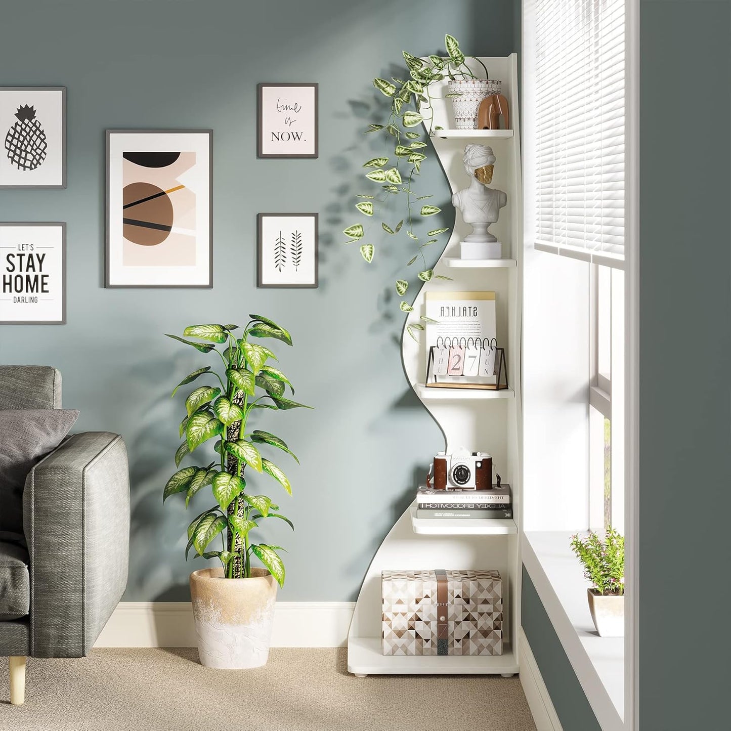 Corner Shelf, Modern 5-Tier Wall Corner Bookshelf, Stylish Corner Small Bookcase Storage Rack Plant Stand with Unique Shape for Living Room, Home Office (White, 1PC)