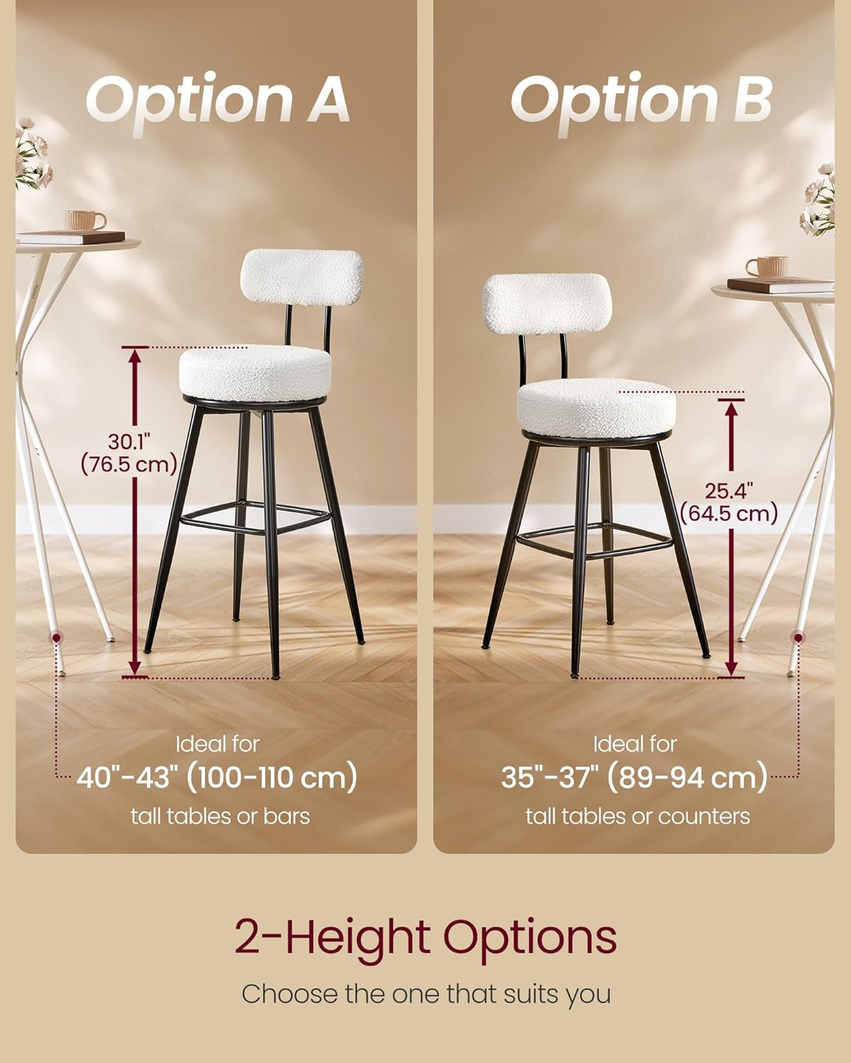 360° Swivel Bar Stools Set of 2, Counter Height Bar Stools with Back, Boucle Fabric, Contemporary Modern, 25.4 Inch Tall, Kitchen and Home Bar, Cloud White ULBC130W01V1