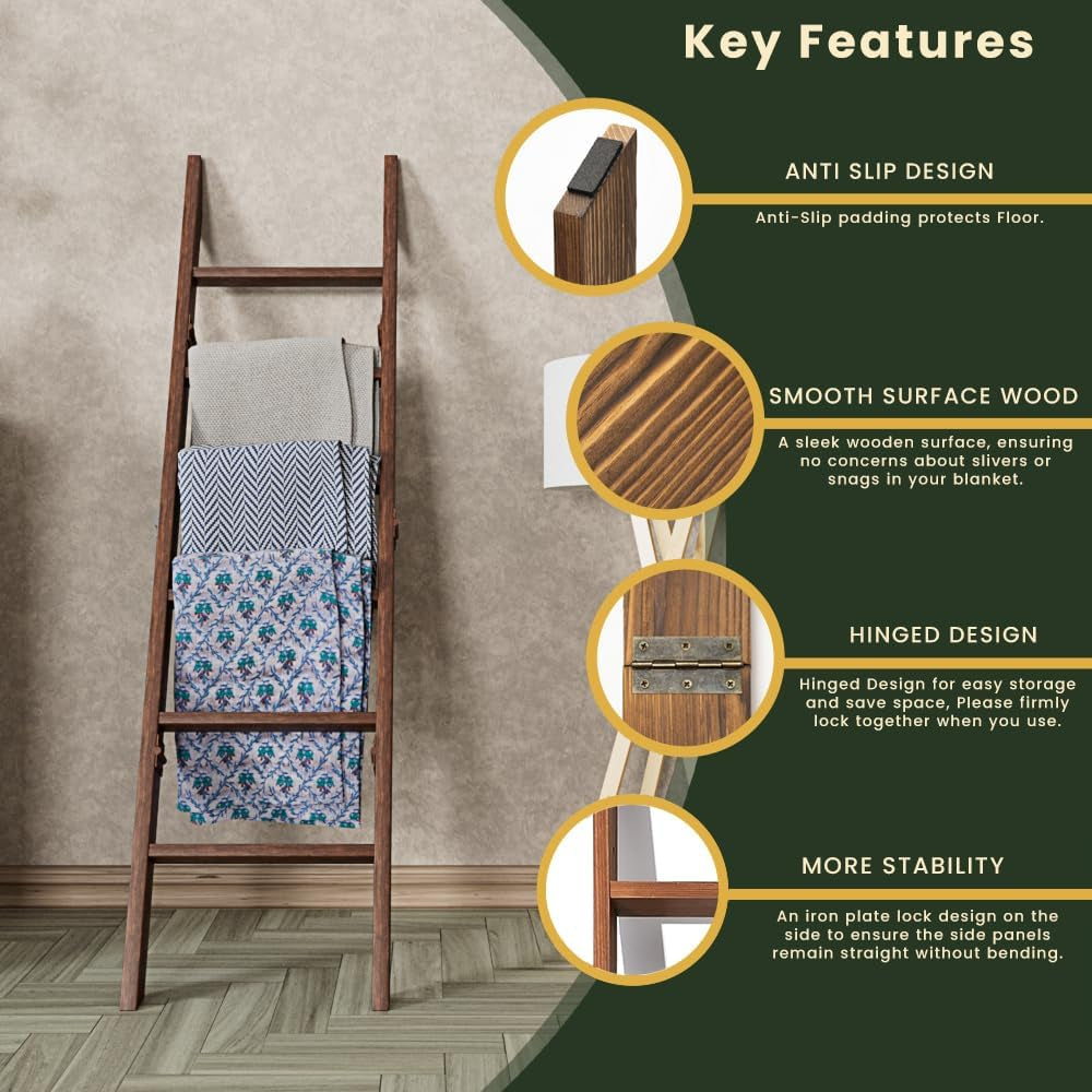 Decorative Wooden Blanket Ladder for the Living Room and Bedroom, 5Ft 8 Inch, Pine Wood Quilt Ladder, 6-Tier Wall Leaning Blanket Rack Stand, Farmhouse Blanket Ladder for Home Décor N Display.(Brown)
