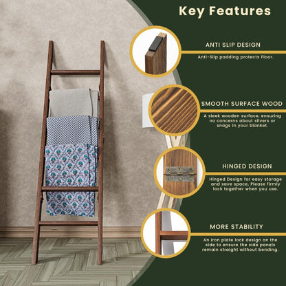 Decorative Wooden Blanket Ladder for the Living Room and Bedroom, 5Ft 8 Inch, Pine Wood Quilt Ladder, 6-Tier Wall Leaning Blanket Rack Stand, Farmhouse Blanket Ladder for Home Décor N Display.(Brown)