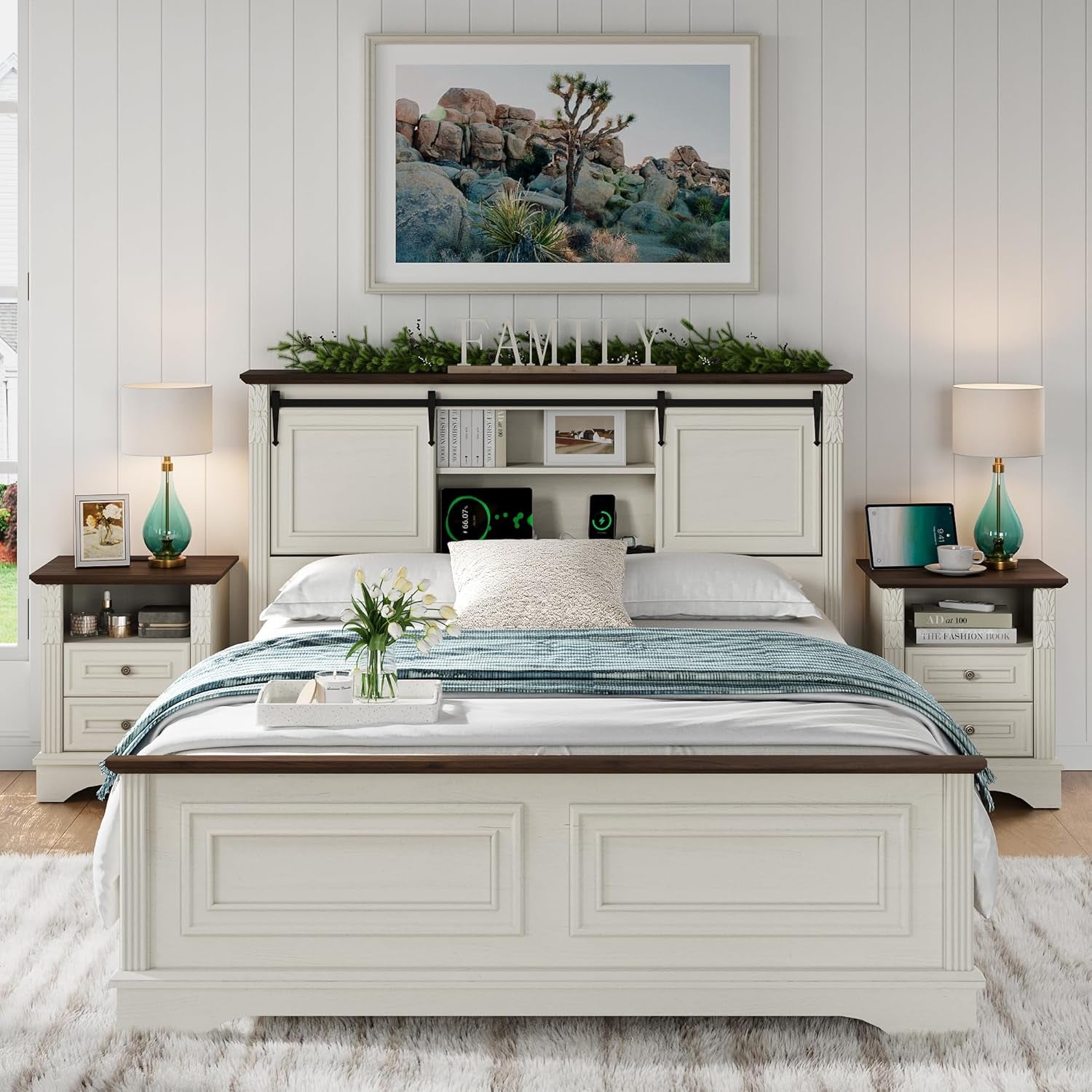 Antique White Queen Size Bed Frame with Storage Headboard, Charging Station, Bracket Footboard, Farmhouse Bed Frame with Bookcase and Sliding Barn Doors, Noiseless,No Box Spring Needed