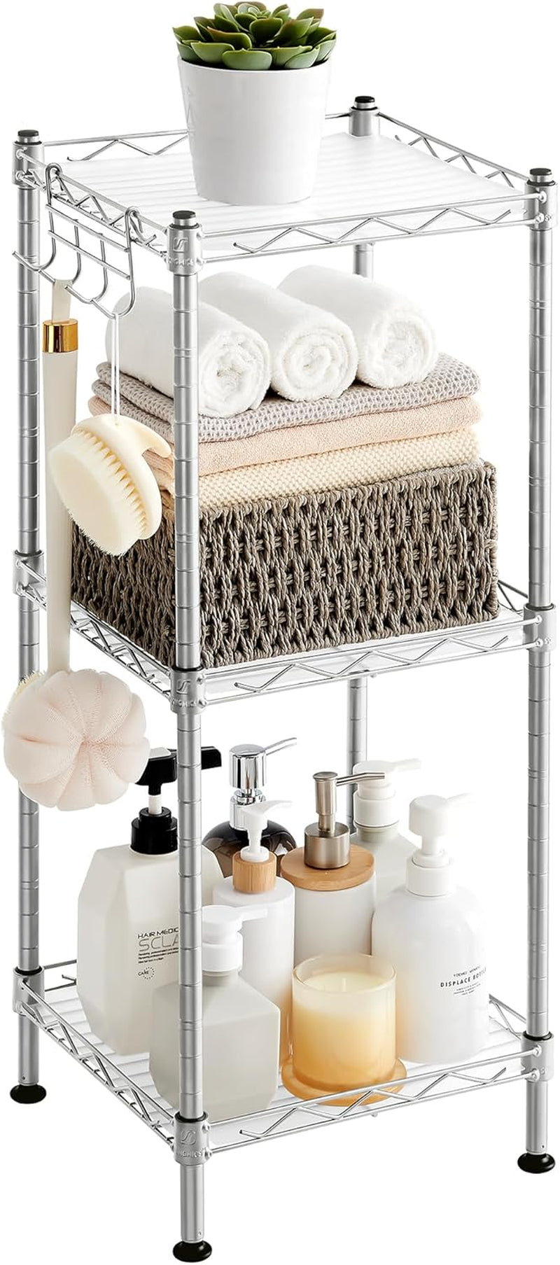 5-Tier Bathroom Shelf, Storage Rack for Small Space, with 5 PP Shelf Liners, Removable Hook, Extendable Design, Ink Black and Translucent ULGR23BK