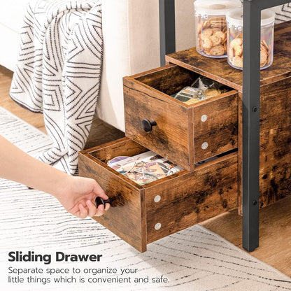 End Table with Charging Station, Narrow Side Table with 2 Drawer & USB Ports & Power Outlets, Nightstand for Small Spaces, for Living Room, Bedroom, Rustic Brown and Black BF541BZ01