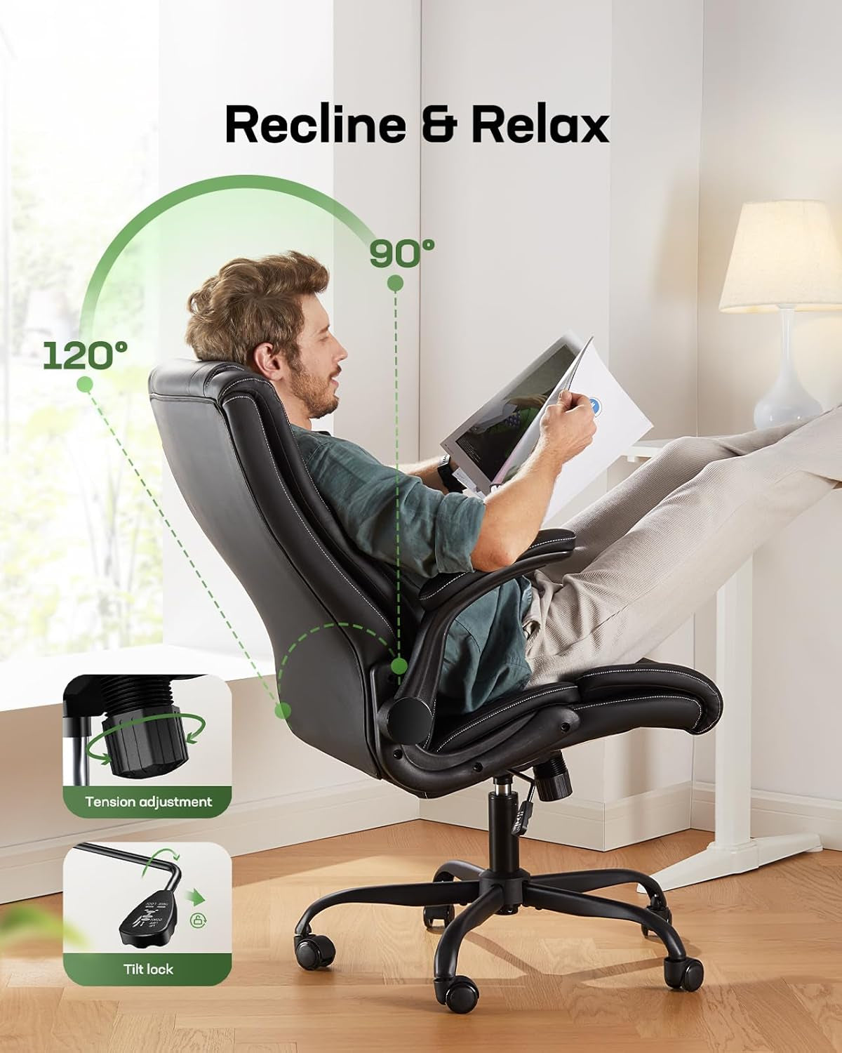 Executive Office Chair with Flip-Up Armrests,Pu Leather Ergonomic Desk Chair Height-Adjustable Swivel Rolling Computer Desk Chair,Black