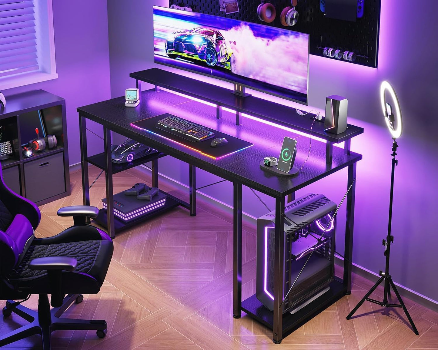 48 Inch Gaming Desk with LED Lights & Power Outlets, Computer Desk with Monitor Stand & Storage Shelves, CPU Stand, Home Office Desk, Black