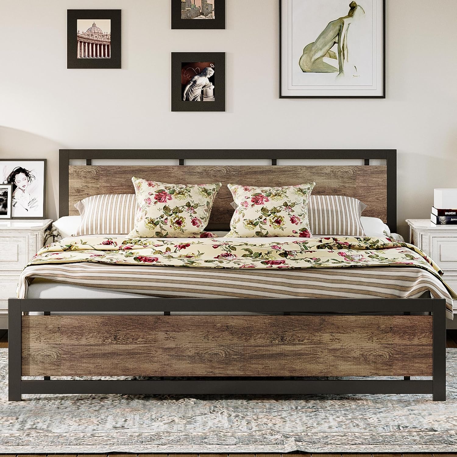 King Bed Frame with Headboard and Footboard, Metal Strong Supports, Easy Assembly, Noise-Free, No Box Spring Needed, Walnut