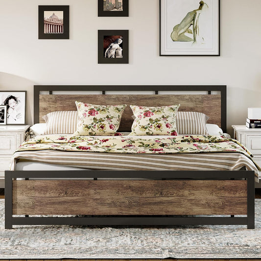 King Bed Frame with Headboard and Footboard, Metal Strong Supports, Easy Assembly, Noise-Free, No Box Spring Needed, Walnut