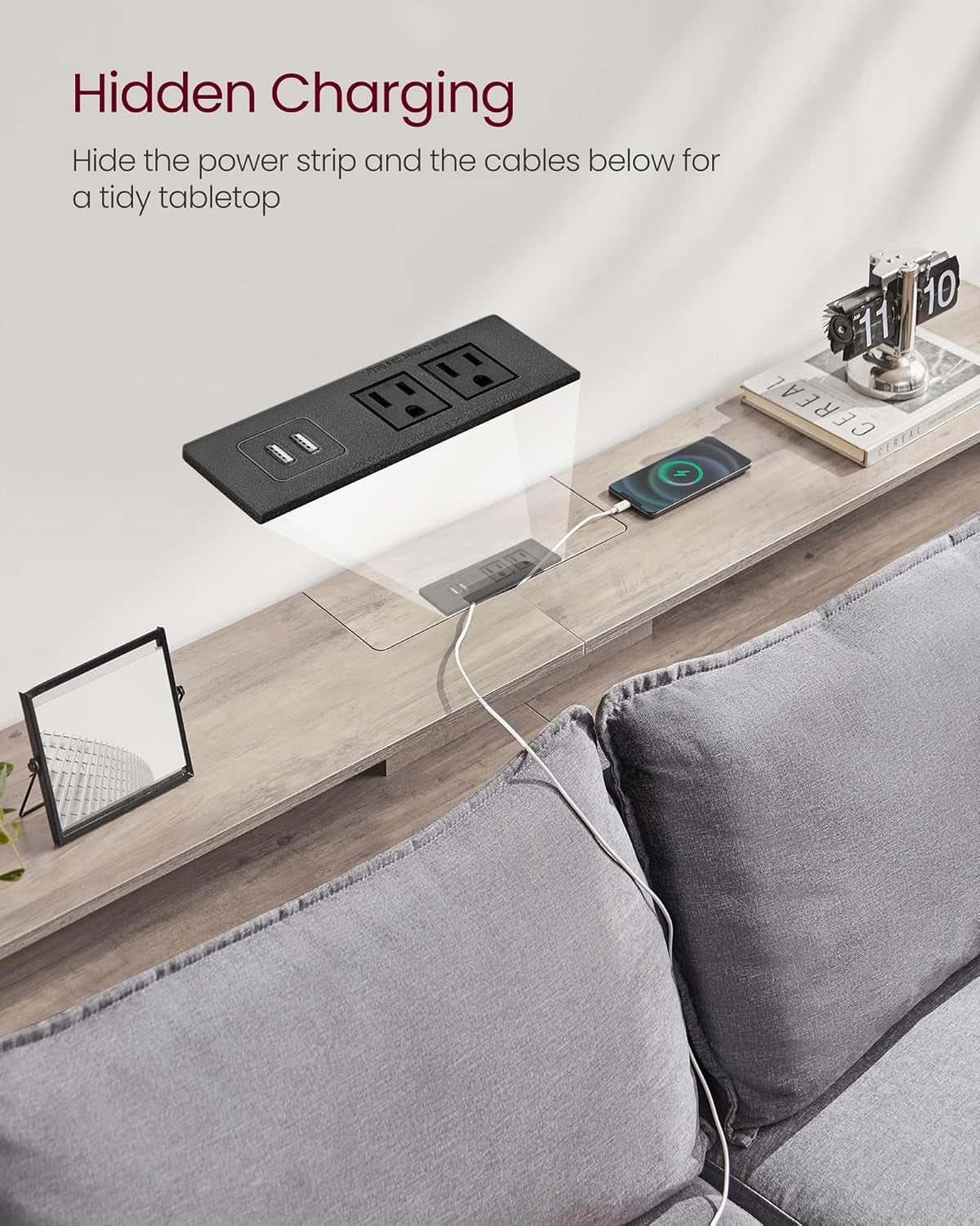 70.9-Inch Console Table with Outlet and Shelves, Sofa Table with Charging Station, behind Couch Table Skinny, Entryway Table for Hallway, Living Room, Charcoal Gray and Ink Black ULNT118B22