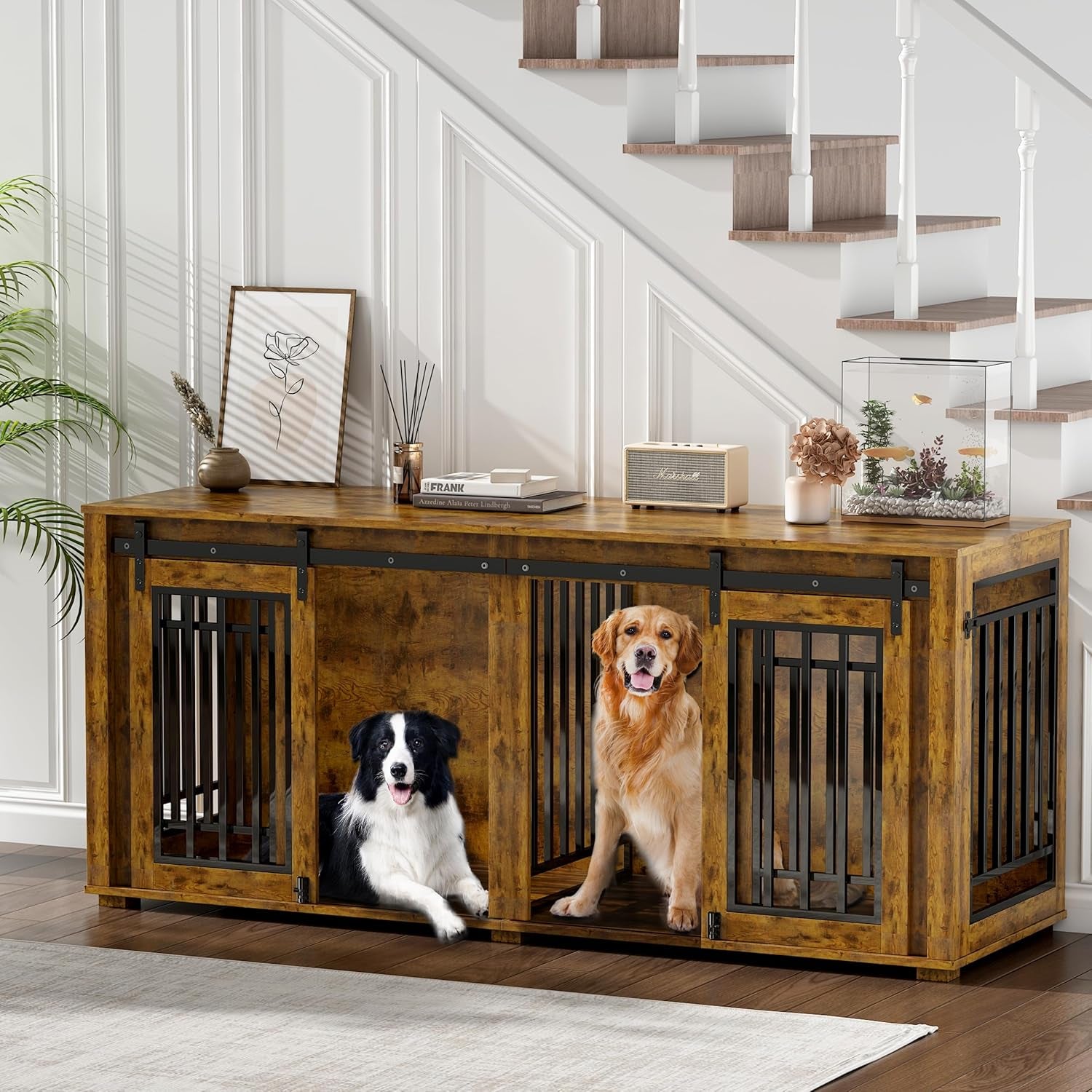 Large Dog Crate Furniture for 2 Dogs, Upgrade 71" Pro XXL Sliding Door Heavy Duty Dog Kennel Furniture with Divider, Steel Frame Indoor Double Dog Crate for Large Medium Small Dogs, Brown