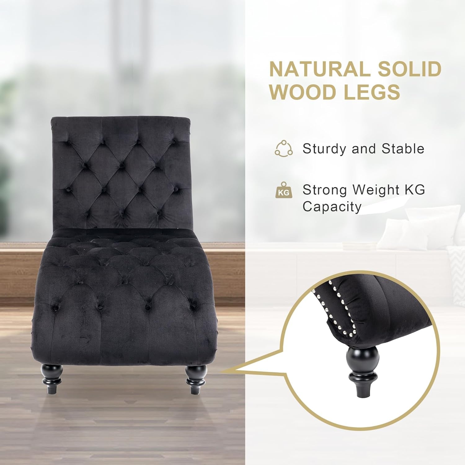 Chaise Lounge Indoor,Velvet Upholstered Lounge Chair Button-Tufted Armless Chair with Pillow, for Bedroom Living Room Office Modern Backrest Leisure Recliner Sleep Sofa,Black