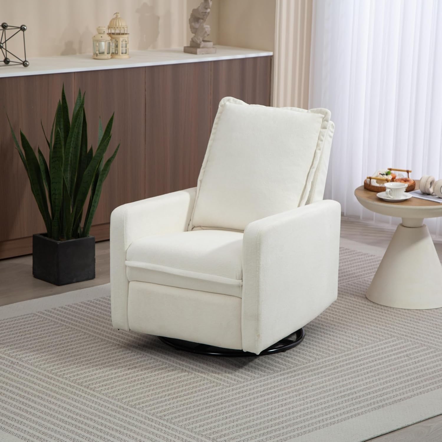 360° Swivel Rocking Chair Nursery Glider Recliner Nursery Chair Manual Swivel Rocker Recliner with High Backrest Armchair Comfy Side Modern Chair for Living Room (White)