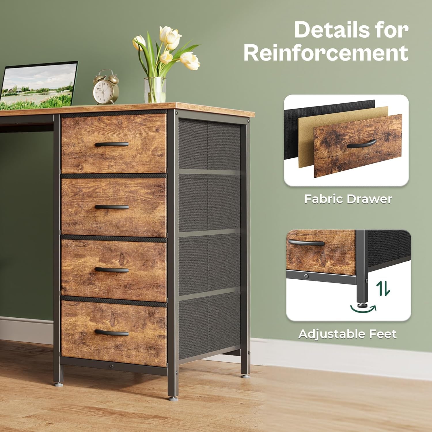 55 Inch Computer Desk with 8 Fabric Drawers, Office Desk Work Desk for Home Office, Study, Gaming Desk with Drawers, Large Storage, Rustic Brown