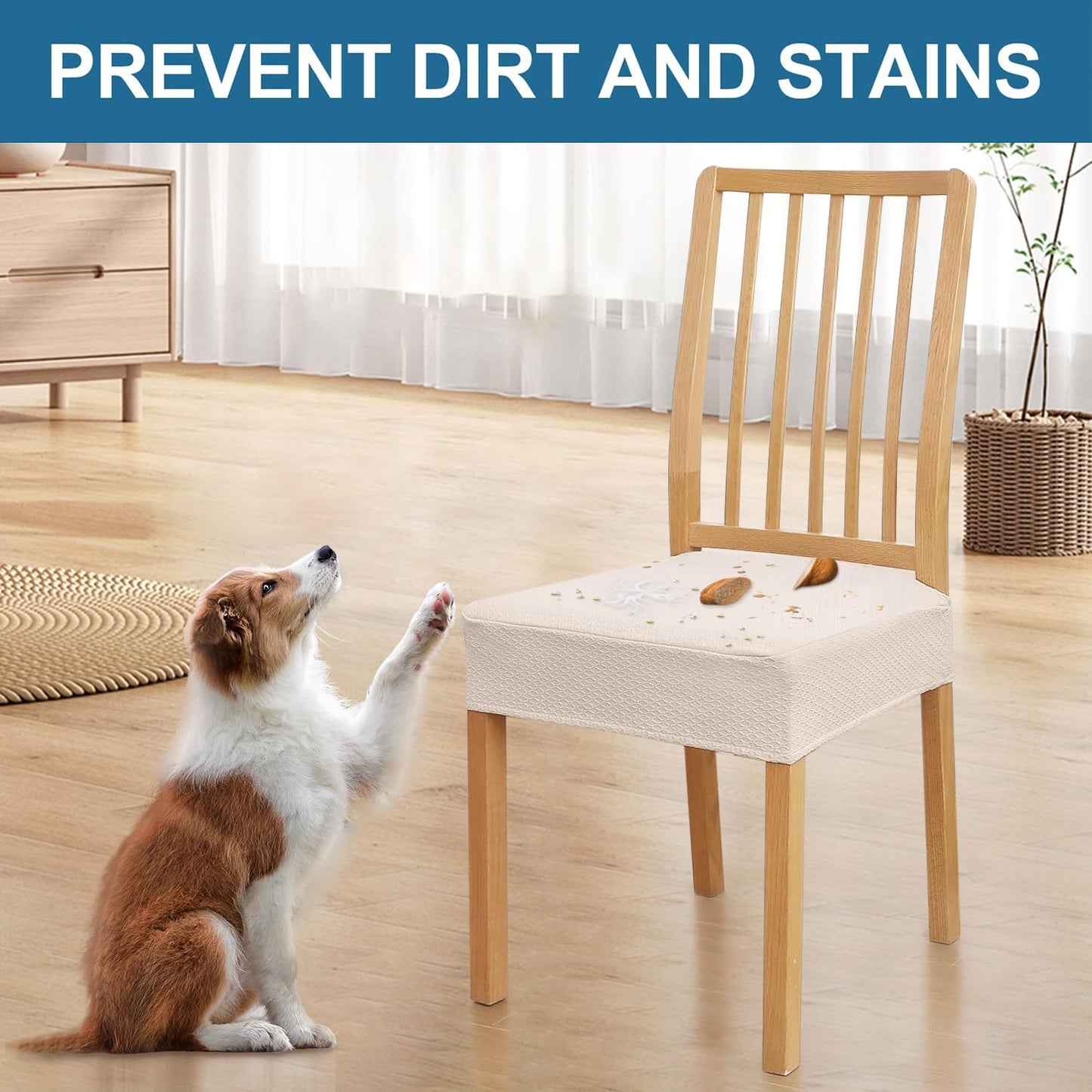 Waterproof Seat Covers for Dining Room Chairs Set of 4, Stretch Jacquard Removable Washable Chair Seat Slipcovers Protector, No Rear Covers, Beige