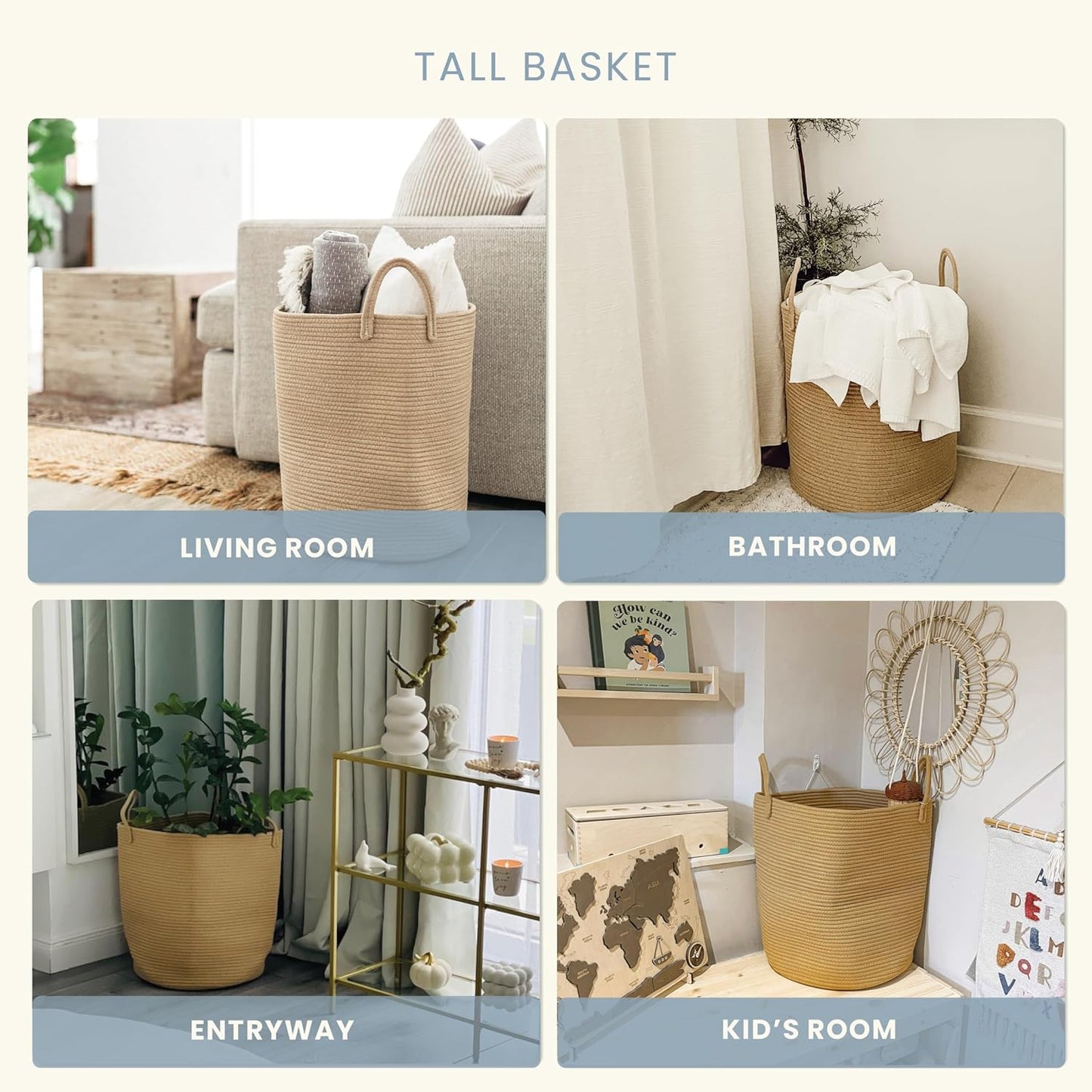 Large Woven Laundry Basket W/Handles 52L, Rope Dirty Clothes Hamper, Blanket Basket for Living Room, Baby Laundry Hamper for Nursery, Soft & Durable Decorative Organizer Bin - Honey