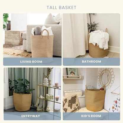 Large Woven Laundry Basket W/Handles 52L, Rope Dirty Clothes Hamper, Blanket Basket for Living Room, Baby Laundry Hamper for Nursery, Soft & Durable Decorative Organizer Bin - Honey