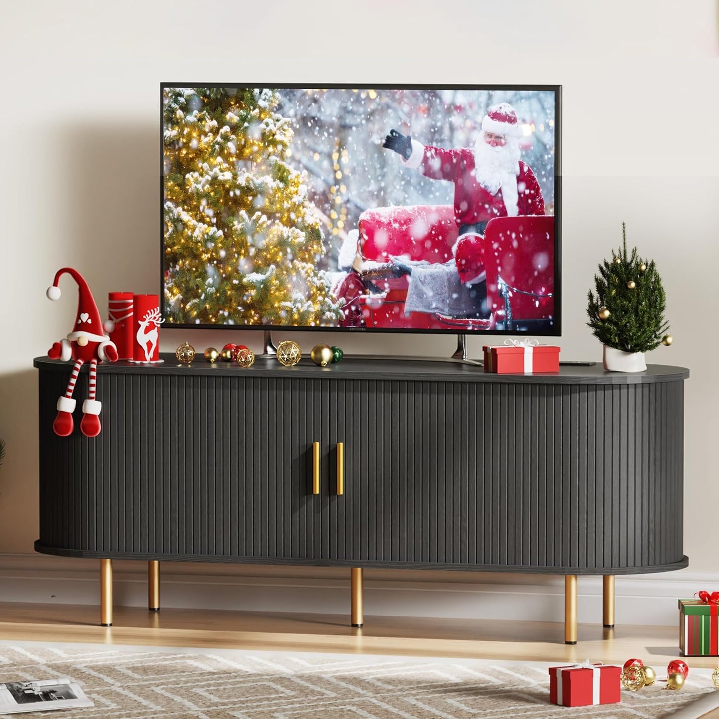 55 Inch Mid Century Modern TV Stand with Power Outlet for Tvs up to 60 Inch, Entertainment Center with Storage and Adjustable Shelves, Media Console with Sliding Doors for Living Room(Black)