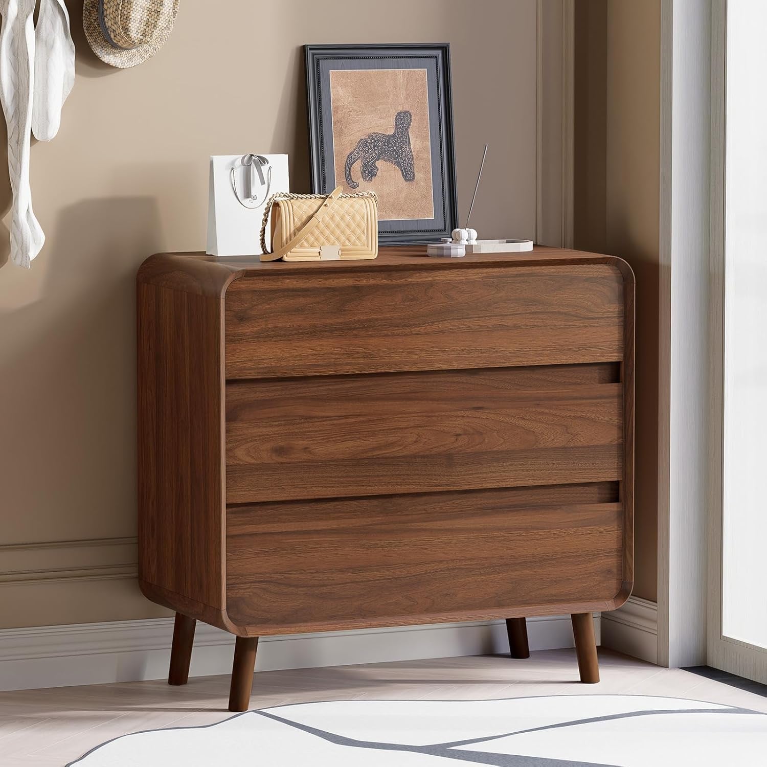 3 Drawer Dressers for Bedroom, Mid Century Modern Chests of Drawers, Curved Dresser with Storage Drawer, Wooden Bedroom Furniture Drawer for Closet, Home Office, Walnut