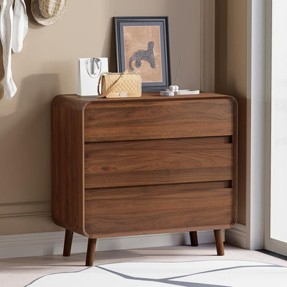 3 Drawer Dressers for Bedroom, Mid Century Modern Chests of Drawers, Curved Dresser with Storage Drawer, Wooden Bedroom Furniture Drawer for Closet, Home Office, Walnut