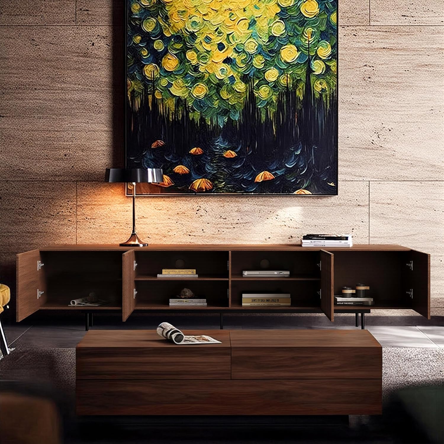 Mid Century Modern TV Stand with 4 Doors, 94.48 Inch Wide Entertainment Center TV Console for Living Room Bedroom, Media Console TV Cabinet with Storage Walnut