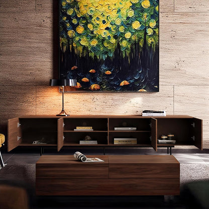 Mid Century Modern TV Stand with 4 Doors, 94.48 Inch Wide Entertainment Center TV Console for Living Room Bedroom, Media Console TV Cabinet with Storage Walnut