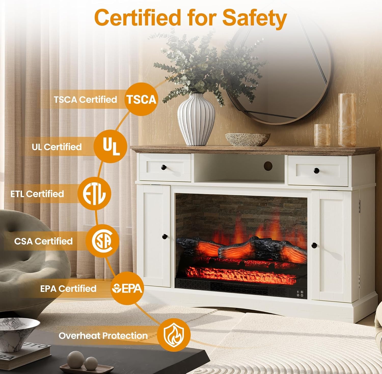 Fireplace TV Stands with for Tvs up to 55'', Media Console Table with Adjustable Shelves, Double-Door Design, Entertainment Center for Living Room, White and Rustic Oak