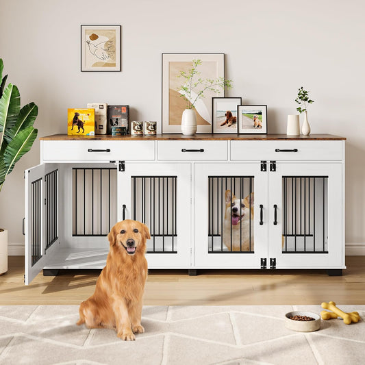 71 in Large Dog Crate for 2 Dogs, Dog Crate Furniture with 3 Drawers, Heavy Duty Dog Cage and TV Stand for Medium Large Dogs, White