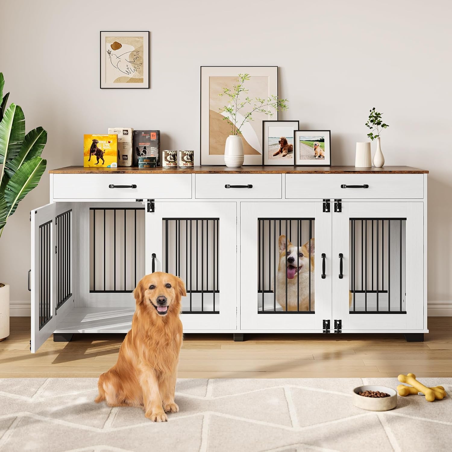71 Inch Dog Crate Furniture for 2 Dogs, Extra Large Double Dog Cage with 3 Drawers, XXL Dog Crate for Large Breed Dogs, Wooden Dog Kennel Indoor TV Stand, Dog Kennel Furniture with Divider