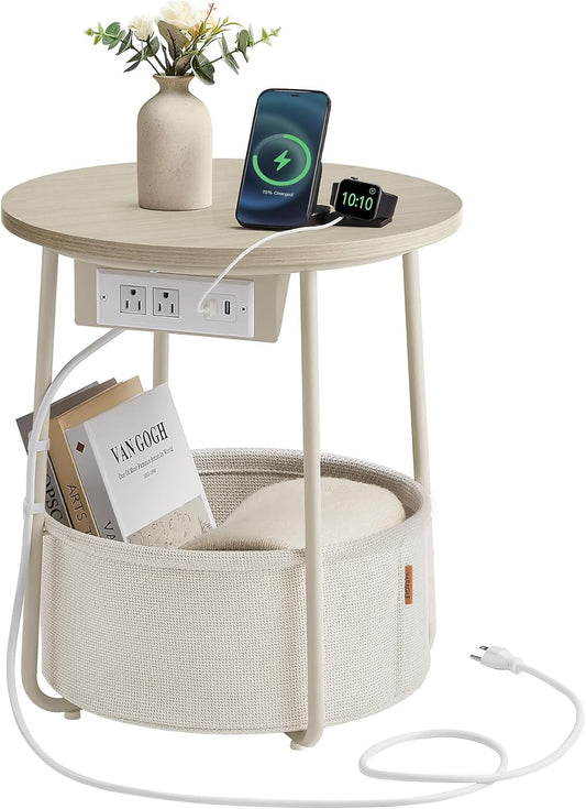 Side Table with Charging Station, round End Table with Fabric Basket, Nightstand with Power Outlets, USB Ports, for Living Room, Bedroom, Modern, Cream White ULET228N01