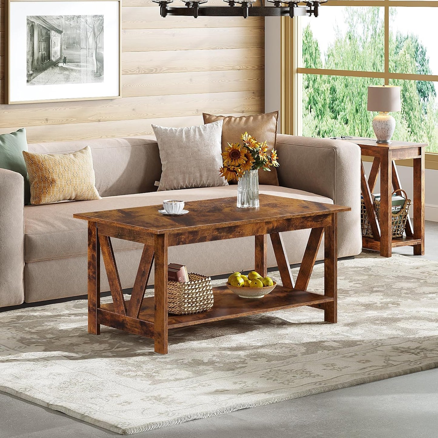 Coffee Table with Storage Shelf, 39.4" Farmhouse Coffee Table with V-Frame Support, 2-Tier Wood Rustic Center Table for Living Room, Bedroom & Balcony, Rustic Brown