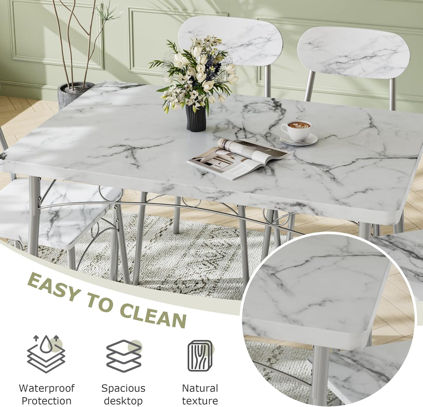 Dining Table Set for 4, 5-Piece Kitchen Table with 4 Chairs, MDF Board Tabletop with Metal Frame for Small Space, Compact Dinette, Breakfast Nook, White