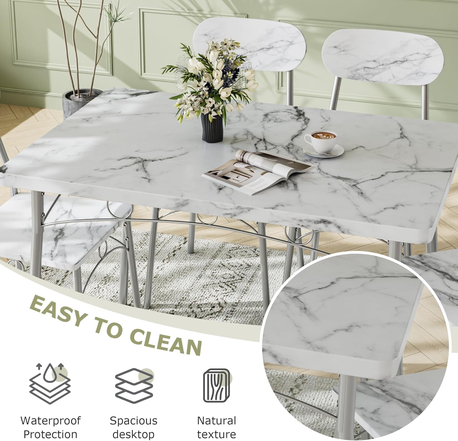 Dining Table Set for 4, 5-Piece Kitchen Table with 4 Chairs, MDF Board Tabletop with Metal Frame for Small Space, Compact Dinette, Breakfast Nook, White