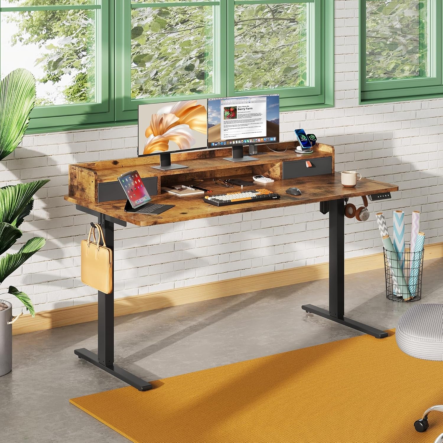 55×28 Inch Electric Standing Desk with Drawers, Computer Desk with 3 Adjustable Height, Storage Shelf, Built-In USB Outlets and Memory Preset, Sit to Stand Desk for Home Office, Rustic Brown