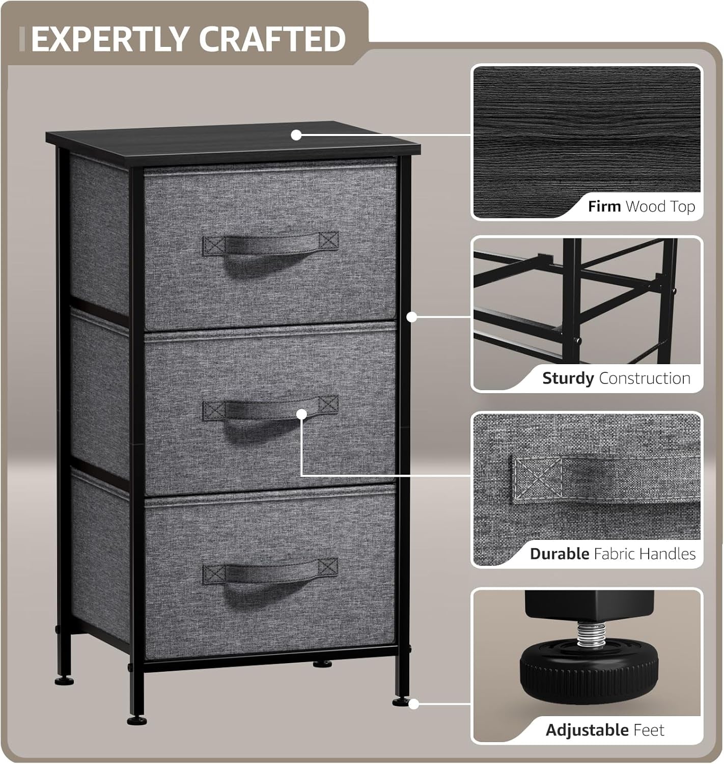 Nightstand with 3 Drawers - Bedside Furniture & Night Stand End Table Dresser with Steel Frame, Wood Top, Easy Pull Fabric Bins for Home, Bedroom Accessories, Office & Dorm