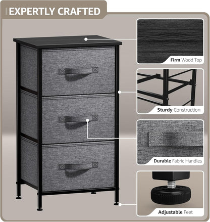 Nightstand with 3 Drawers - Bedside Furniture & Night Stand End Table Dresser with Steel Frame, Wood Top, Easy Pull Fabric Bins for Home, Bedroom Accessories, Office & Dorm
