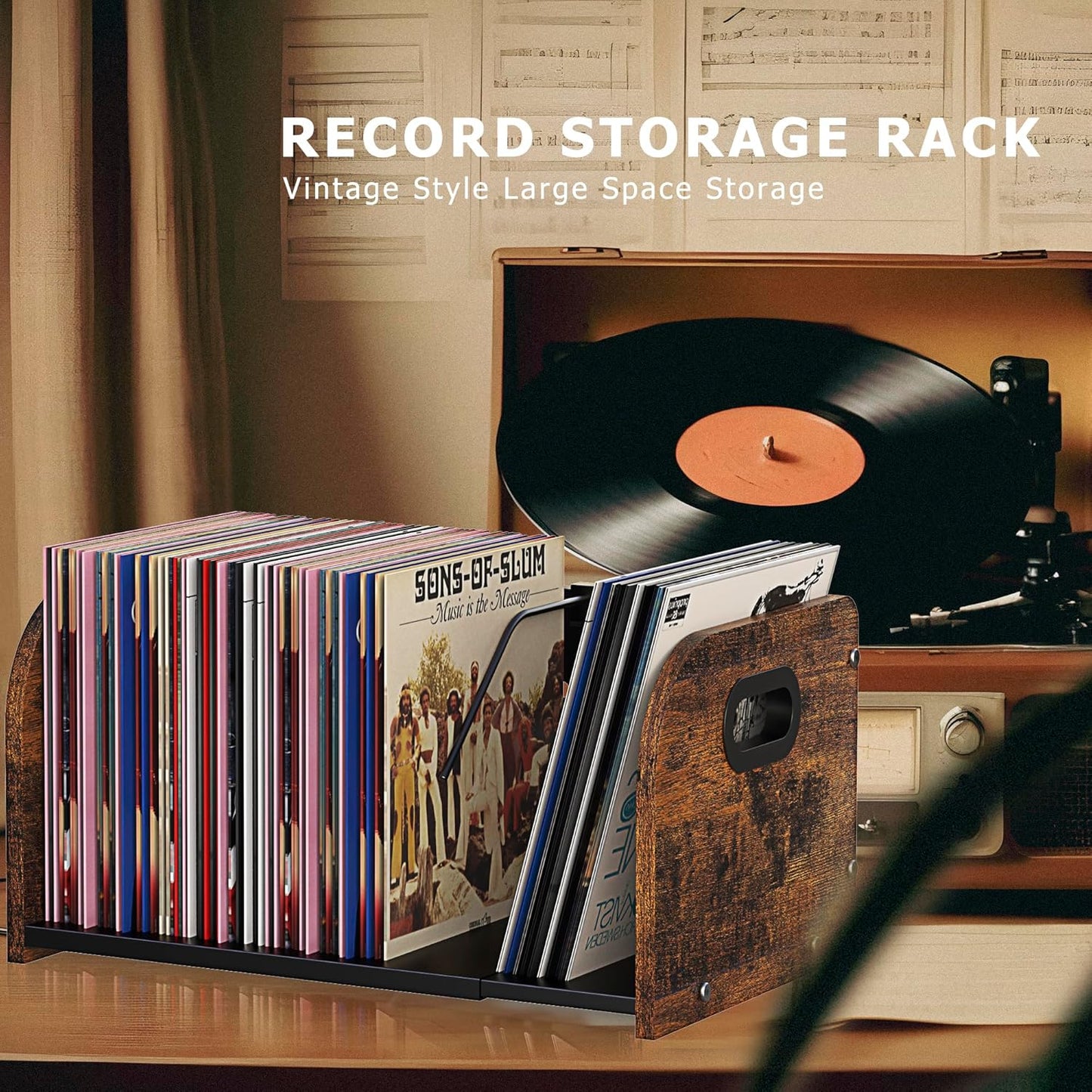 Vinyl Record Storage Holder, Expandable Record Holder Rack with Movable Divider, 110 LP Album Display Shelf Stand, Magazine Holder (Rustic Brown, 1-Tier)