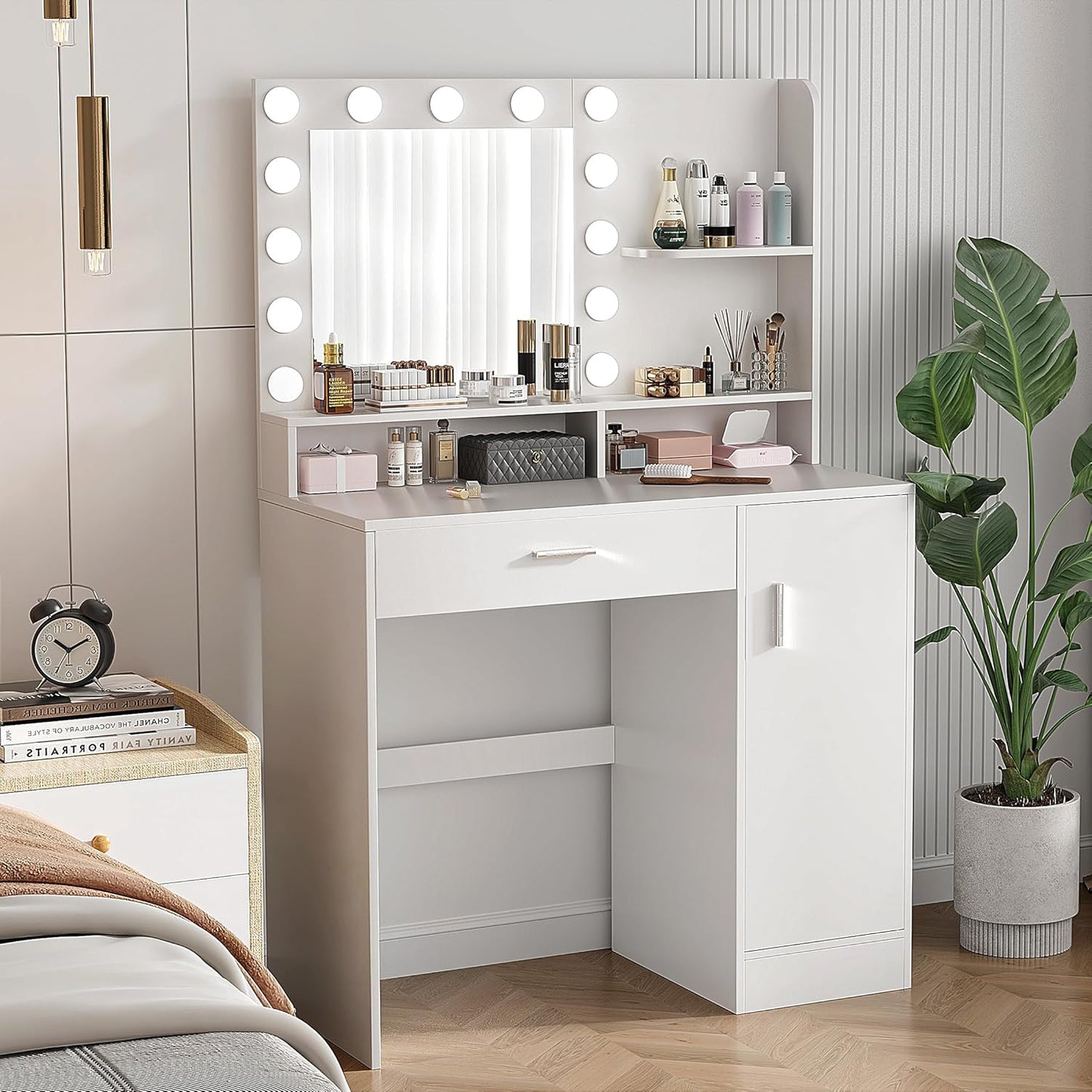 Vanity Desk with Mirror & Lights, White Makeup Desk with Drawers & Cabinet, 3 Lighting Modes & 10 Brightness, Vanity for Bedroom & Dressing Room