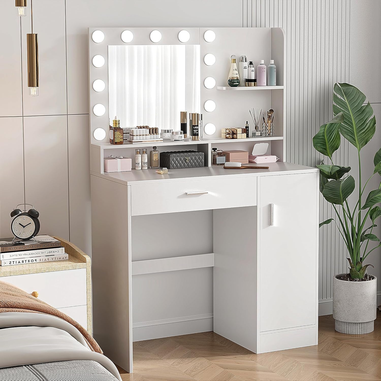 Vanity Desk with Mirror & Lights, White Makeup Desk with Drawers & Cabinet, 3 Lighting Modes & 10 Brightness, Vanity for Bedroom & Dressing Room