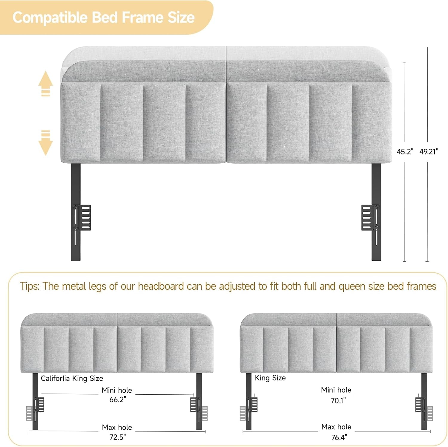 Adjustable Headboard for King/California King Size Bed Frame, Linen Fabric Bed Headboard with Storage & RGB LED Light in Modern Vertical Channel Design, Light Grey