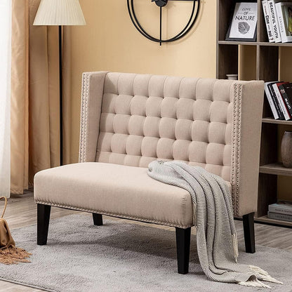 Modern Loveseat Settee Bench Sofa Couch, Upholstered Banquette Dining Bench with Back for Dining Living Room Hallway or Entryway Seating,Putty